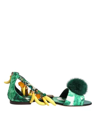 Dolce & Gabbana Grüne Nerz-Fell-Satin-Bananenblatt-Sandalen Schuhe