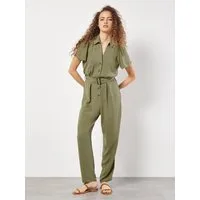Apricot Jumpsuit Gathered Sleeve Button Down Jumpsuit (2-tlg) mit Knopfleiste, mit Taillengürtel