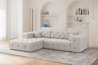 Ecksofa Designersofa CHANTAL in Stoff Moly Creme Ottomane Links