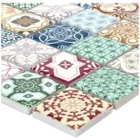 Mosafil Mosaikfliesen Keramikmosaik Fliesen Retro Vintage Optik Hebron Bunt Duo, Keramik 30.000x30.000, weiß-rot-beige-braun-grau-grün-blau-gelb-bunt, Verlegefertig auf ein Netz geklebt - Frostsicher - Wasserfest