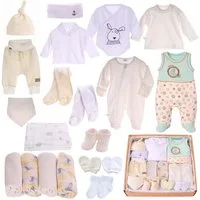 La Bortini Erstausstattungspaket Baby Set Strampler Body Shirt Hose Mütze Strumpfhose Paket (Spar-Set, Spucktücher, Fäustlinge, Socken, Stirnband, Flanell-Tücher) aus Baumwolle, 21-teilig, crem weiß, 44 50 56 62 68