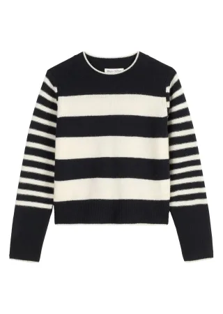 Marc OPolo Casual - Streifen-Pullover regular aus flauschiger Lambswool beige/schwarz - Gr. - L