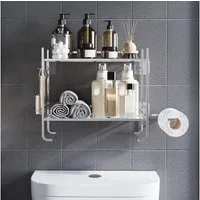 GarveeMore Badregal Neu Über der Toilette Lagerung Regal, 2-Tier Bad Lagerung Organizer, Mit Papierhalter und 2 Haken platzsparendes Metallregal zur Aufbewahru