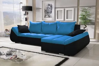 LAGERDEAL Ecksofa Sofa KLEO mit Schlaffunktion Schwarz-Blau Ottomane Rechts
