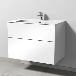 Sanipa 3way Keramik-Set Finion Keramik-Waschtisch und Unterbau mit 2 Auszügen, Weiß-Glanz SF40078