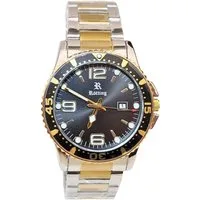 Rötting Design Quarzuhr Herrenuhr Datumsanzeige schwarz goldfarbene Lünette zum Drehen, Gehäuse und Armband IP beschichtet, einseitig drehbare Lünette