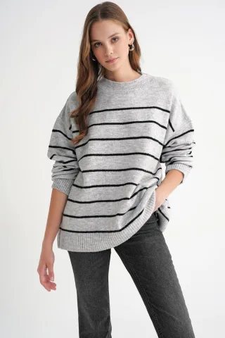 Gestreifter Rundhalsausschnitt entspannter Strickpullover