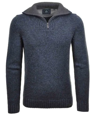 RAGMAN - Strickpullover mit Troyer-Kragen, Tweed Dunkelblau-grau mouliniert - Gr. - XL