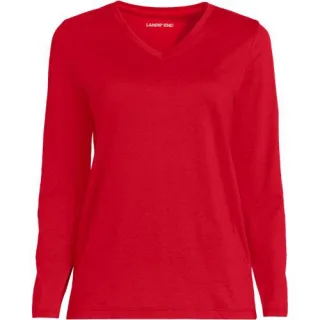 Supima® Langarm-Shirt mit V-Ausschnitt für Damen in Petite-Größe, Damen, size: petite, Blau, Baumwolle, by Lands' End