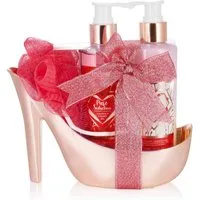 BRUBAKER Pflege-Geschenkset Stiletto Dusch Set für Frauen mit Himbeer Duft, Badeset Wellness, 4-tlg., Damen Pump Geschenkset in High Heel Rosé Gold, Pflegeset