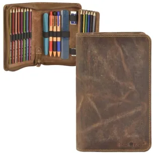 Stiftetui Leder 1 Klappe antikbraun | Greenburry Vintage Mäppchen mit 17 Schlaufen. Kompakter Organizer für Stifte und Lineal mit Reißverschluss.