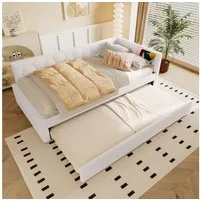 Flieks Daybett, Polsterbett Kinderbett 90x200cm mit Ausziehbett 90x190cm, USB & Typ-C