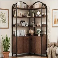 GarveeMore Bücherregal 6 Ebenen L-förmiges Eckregal Ablageregal Stauraumregal Mehrzweckregal, 189 cm Bogen Eckbücherregal Aktenregal Regal Standregal, Metallrahmen