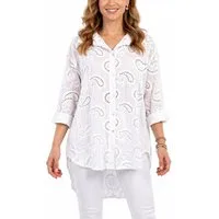 dy_mode Longbluse Damen Longbluse Oversize Tunika Boho Baumwollbluse Sommerbluse in Unifarbe, mit Paisley Lochstickerei, in Vokuhila-Schnitt