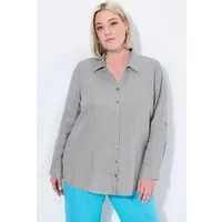 Ulla Popken Hemdbluse Bluse Leinen offener Kragen Langarm