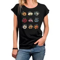 MAKAYA Kurzarmshirt mit Blumenprint Hippie Flower Power Outfit Blumenshirt Sommer Top (Schwarz, Blau, Grau, 36, 38, 40, 42, 44, 46, 48, 50) mit Druck