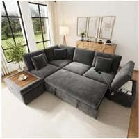 Merax Ecksofa mit Schlaffunktion, links/rechts wechselbares Schlafsofa, Chenille, 1 Teile, modularer 6-Sitzer-Sofa mit Stauraumhocker,Kissen,USB/Type-C Anschluss