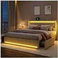 Furnishings Home Polsterbett Doppelbett Stauraumbett LED (4 Schubladen), Mit LED-Beleuchtung, USB + Type-C, Schubladen, Leinen, 180x200 cm