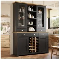 Flieks Küchenbuffet mit Arbeitsplatte in Holzoptik Natur, Glastüren und Weinregal (1-St., B120/T40/H185 cm) Hochschrank Küchenschrank Geschirrschrank mit verstellbarer Ablagen