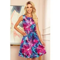Numoco Cocktailkleid VICTORIA Trapezförmiges Kleid mit blauen und rosa großen Blumen L (1-tlg)