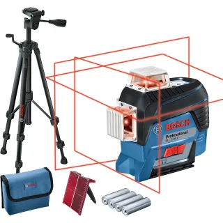 Bosch Linienlaser GLL 3-80 C, mit 4 x 1,5 V-LR6, AA1 Akku-Adapter, Baustativ BT 150 blau/schwarz - 0601063R01