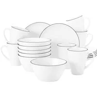 Seltmann Weiden Frühstücks-Geschirrset Geschirr-Set, 18 Teile, Lido Black Line, rund (18-tlg), 6 Personen, Porzellan, Becher, Teller, Schalen, 18 Teile, 6 Personen, Made in Germany