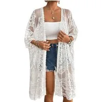 MOPUEA Badeanzug Strandkleid Bikini Cover Up Frauen Spitze Cover-up Bohemian (Sarong Rock 3 4 Ärmel Offene Front Mesh Häkeln, 1-St) Damen Bademode Oberbekleidung Strickjacke,Bikini Bademode