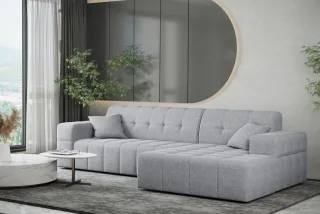 Ecksofa Designersofa NANCY in Stoff Neve Hellgrau Ottomane Rechts