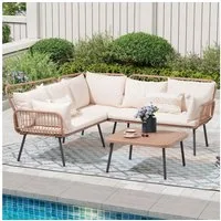 Sunsitt Gartenlounge-Set 4-tlg Garten Lounge Set, Outdoor Rattan Garten-Sofa Set, (mit Couchtisch und Sitzkissen, 3 Packet insgemst, L-förmige Terrasse Unterhaltungssets), für Terrasse, Balkon, Garten, (Creame Beige)