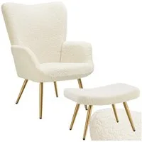 tectake Relaxsessel Polstersessel, bodenschonend, Belastbarkeit 150 kg, 72 x 76 x 100,5 (Fernsehsessel Hygge, in Bouclé Creme/Gold), gepolstert, Armlehnen und ergonomische Rückenlehne, runde Stahlbeine