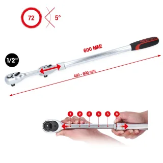 KS Tools 1/2 Zoll Teleskop-Umschaltknarre, extra lang, 72-Zahn - 914.1205