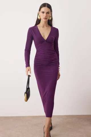 Lila, flaches, langes, figurbetontes Maxi-Cocktailkleid für Damen