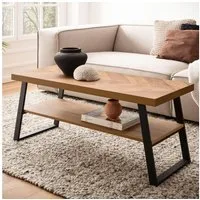 FINEBUY Couchtisch FB104749 Sofatisch 100 cm Braun Fischgrät Wohnzimmertisch Ablage (Fischgrät-Muster 100x40x41 cm, Tisch mit Ablage), Großer Wohnzimmertisch, Sofatisch Metallgestell