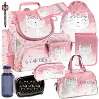 PASO Schulrucksack Mega Schulset XXL - (Schulset, 10-tlg), Katze, 10-tlg. Set, Rosa