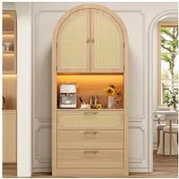 i@home Hochschrank Moderner gewölbter Vitrinen- und Aufbewahrungsschrank verstellbare LED,Rattantüren,für Wohnzimmer und Flur,80 x 35 x 180 cm