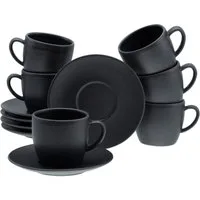 CreaTable Cappuccinotasse Soft Touch Black, 12-tlg., Steinzeug, 12-teiliges Set, mit Untertasse