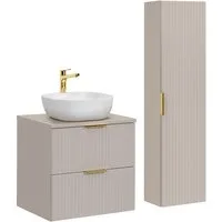 Lomadox Badmöbel-Set ADELAIDE-56-CASHMERE, (Spar-Set, 2-St., Waschtisch Hochschrank Keramikwaschbecken), 60cm Waschtisch, kaschmir mit gerillter Front