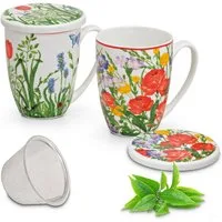 matches21 HOME & HOBBY Tasse Teetassen 2er Set mit Deckel und Teesieb Blumen Mohn, 2-tlg., Porzellan, Tee Kaffee-Becher Kaffeetassen, klassisch, bunt, 300 ml