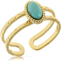 Made by Nami Fingerring Filigraner Boho Edelstahl Ring Gold mit Ovalen türkisen Edelstein, Damen Schmuck Größenverstellbar & Wasserfest