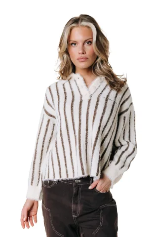 colourful rebel - Bobbi Stripe Knitted Polo Longsleeve Sand - Gr. - L