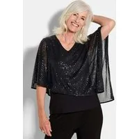 GOLDNER Print-Shirt Kurzgröße: Elegantes, semitransparentes Oberteil Edle Bluse mit 3/4-Arm, asymmetrischer Überwurf mit Glitzer-Details