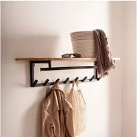 FINEBUY Wandgarderobe FB113030 Akazie Massivholz 100cm Garderobe mit Ablage Industrial (Moderne Wandgarderobe aus Massivholz), Praktische Garderobe mit Haken