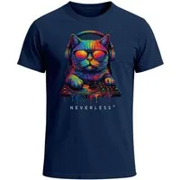 Neverless Print-Shirt Herren T-Shirt DJ Katze Musik Print Festival EDM Shirt mit mit Print