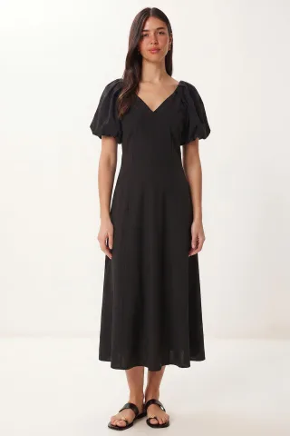 Damen A-Linien Midi Kleid mit V-Ausschnitt