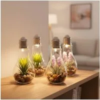 Levandeo® LED Dekoobjekt, 4er Set Sukkulenten Glühbirne Glas je B x H 8 x 19cm Deko LED Lampe
