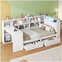 Ulife Kinderbett L-förmiges Holz-Plattformbett mit Schreibtisch und Bücherregal (Ohne Matratze), Eck-Kapitänsbett mit Schubladen unter dem Bett, LED-Licht