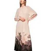 Marc Cain Midikleid Neutral Affinity Premium Damenmode Plissiertes Midikleid mit Blumenprint, fließender Stoff, Bindegürtel