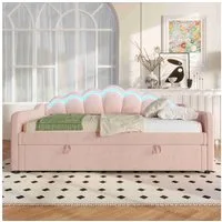 BlingBin Polsterbett Daybett Schlafsofa Einzelbett (1-tlg., Samt-Bett mit gewelltem Kopfteil, mit LED&Hydraulischem Bettkasten), Rosa, 90x200cm, Ohne Matratze