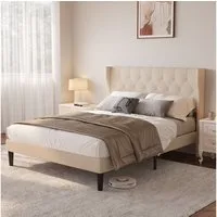 Blishom Bettgestell Polsterbett mit Flügelkopfteil, Doppelbett, Einzelbett 2 Modelle, stabiler Stoffbettrahmen mit Massivholzbeinen