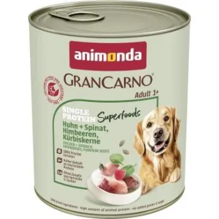 animonda GranCarno Single Protein Superfoods Nassfutter Hund Adult, Huhn und Spinat, Himbeeren, Kürbiskerne 24x800 g